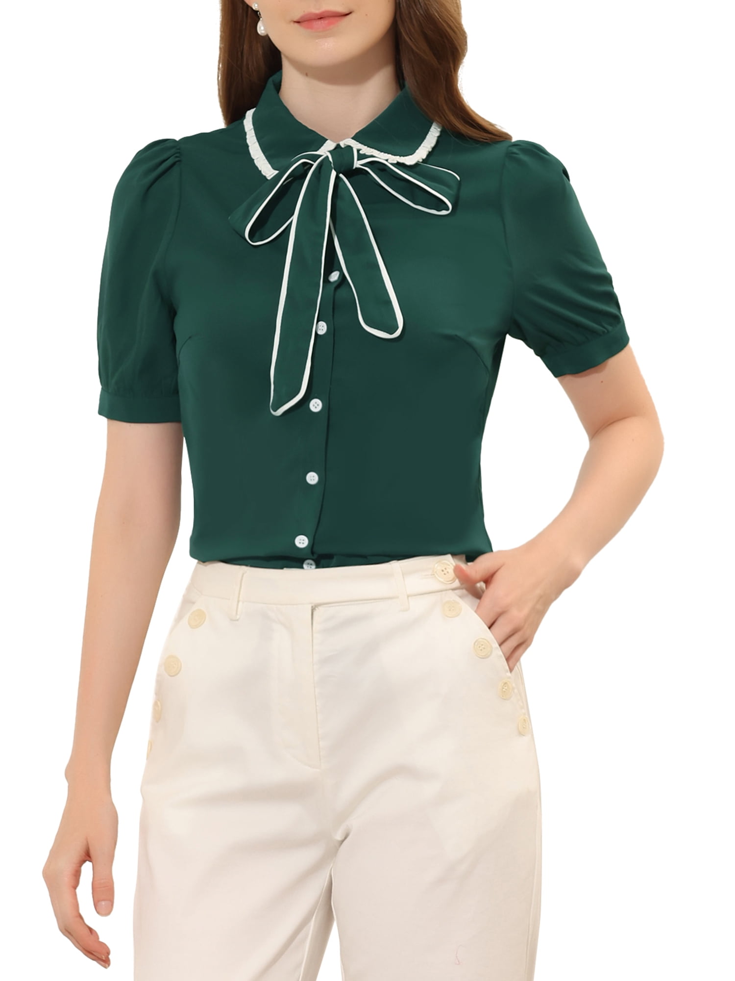 Women's Summer Cotton Blend Striped Tee With Beige Stripes And Button Front Peter Pan Collar