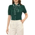 thumbnail image 1 of INSPIRE CHIC Women's Contrast Peter Pan Collar Shirt Puff Sleeve Button Up Tie Neck Blouse M Dark Green, 1 of 6