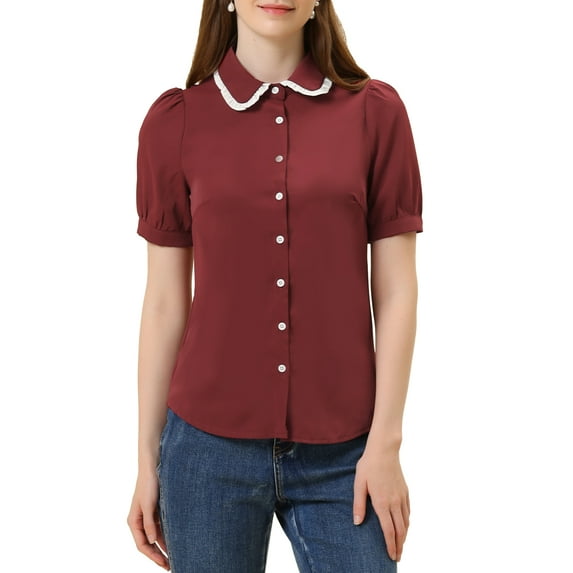 INSPIRE CHIC Women's Contrast Peter Pan Collar Shirt Puff Sleeve Button Up Tie Neck Blouse L Wine Red