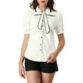 thumbnail image 1 of INSPIRE CHIC Women's Contrast Peter Pan Collar Shirt Puff Sleeve Button Up Tie Neck Blouse S White, 1 of 7