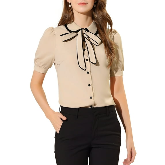 INSPIRE CHIC Women's Contrast Peter Pan Collar Shirt Puff Sleeve Button Up Tie Neck Blouse Light Pink S