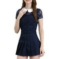 thumbnail image 1 of INSPIRE CHIC Women's Contrast Peter Pan Collar Short Sleeve Sheer Lace Blouse L Dark Blue, 1 of 7