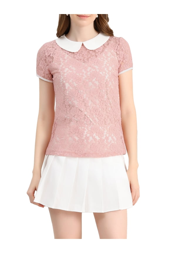 Women's Contrast Peter Pan Collar Short Sleeve Sheer Lace Blouse M Orange Pink