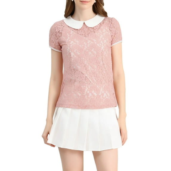 INSPIRE CHIC Women's Contrast Peter Pan Collar Short Sleeve Sheer Lace Blouse M Orange Pink