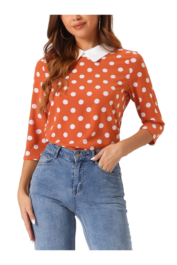 Women's Contrast Peter Pan Collar Top 3/4 Sleeves Blouse Shirts L Orange