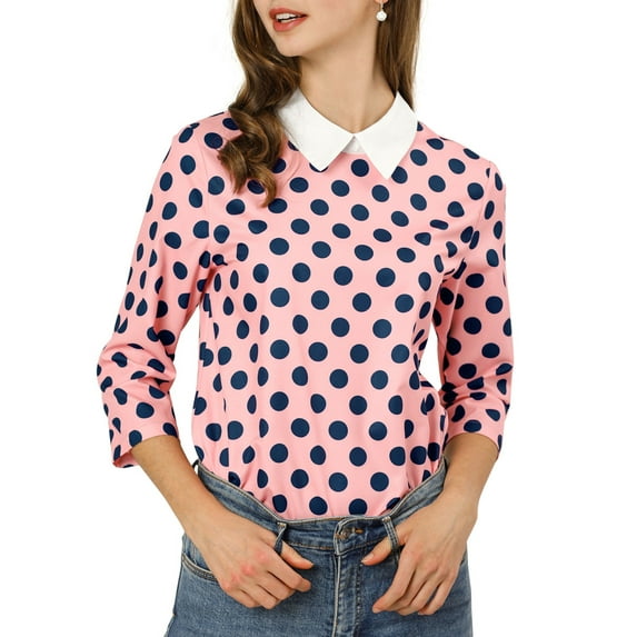 INSPIRE CHIC Women's Contrast Peter Pan Collar Top 3/4 Sleeves Blouse Shirts L Pink