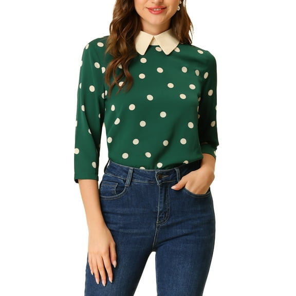 INSPIRE CHIC Women's Contrast Peter Pan Collar Top 3/4 Sleeves Blouse Shirts M Dark Green