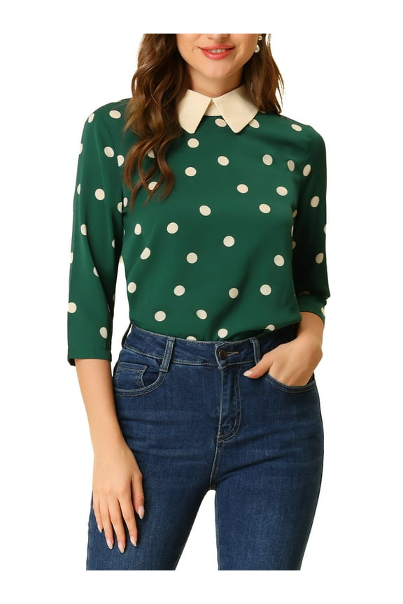 Women's Contrast Peter Pan Collar Top 3/4 Sleeves Blouse Shirts M Dark Green