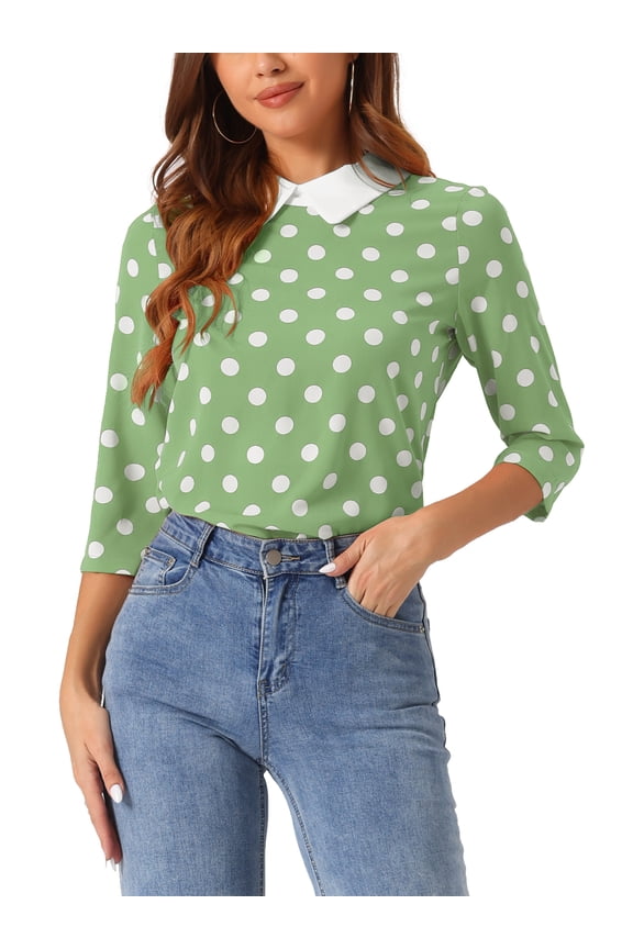 Women's Contrast Peter Pan Collar Top 3/4 Sleeves Blouse Shirts M Greens