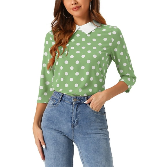 INSPIRE CHIC Women's Contrast Peter Pan Collar Top 3/4 Sleeves Blouse Shirts M Greens