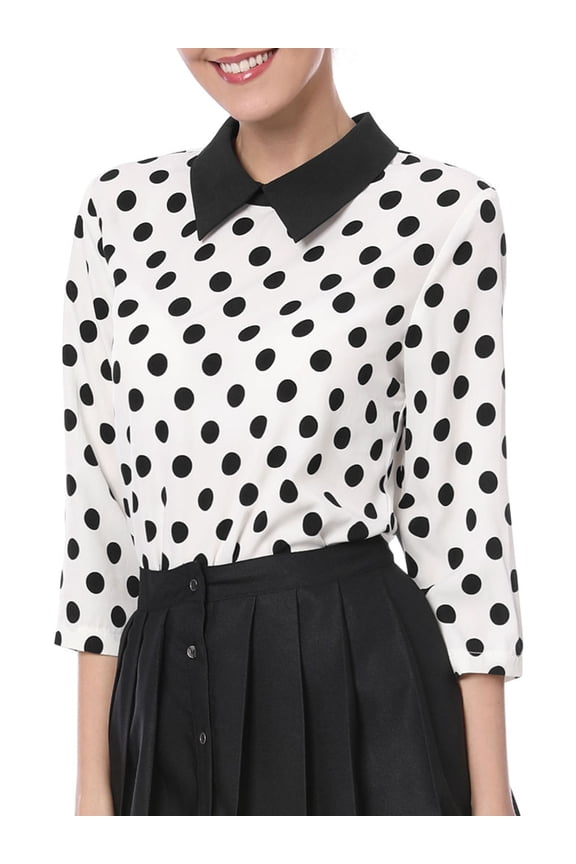 Women's Contrast Peter Pan Collar Top 3/4 Sleeves Blouse Shirts M White
