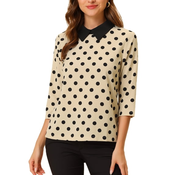 INSPIRE CHIC Women's Contrast Peter Pan Collar Top 3/4 Sleeves Blouse Shirts S Apricot