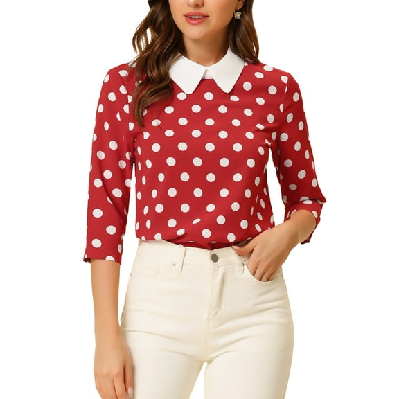 INSPIRE CHIC Women's Contrast Peter Pan Collar Top 3/4 Sleeves Blouse Shirts S Red White