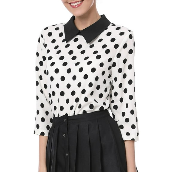 INSPIRE CHIC Women's Contrast Peter Pan Collar Top 3/4 Sleeves Blouse Shirts XS White