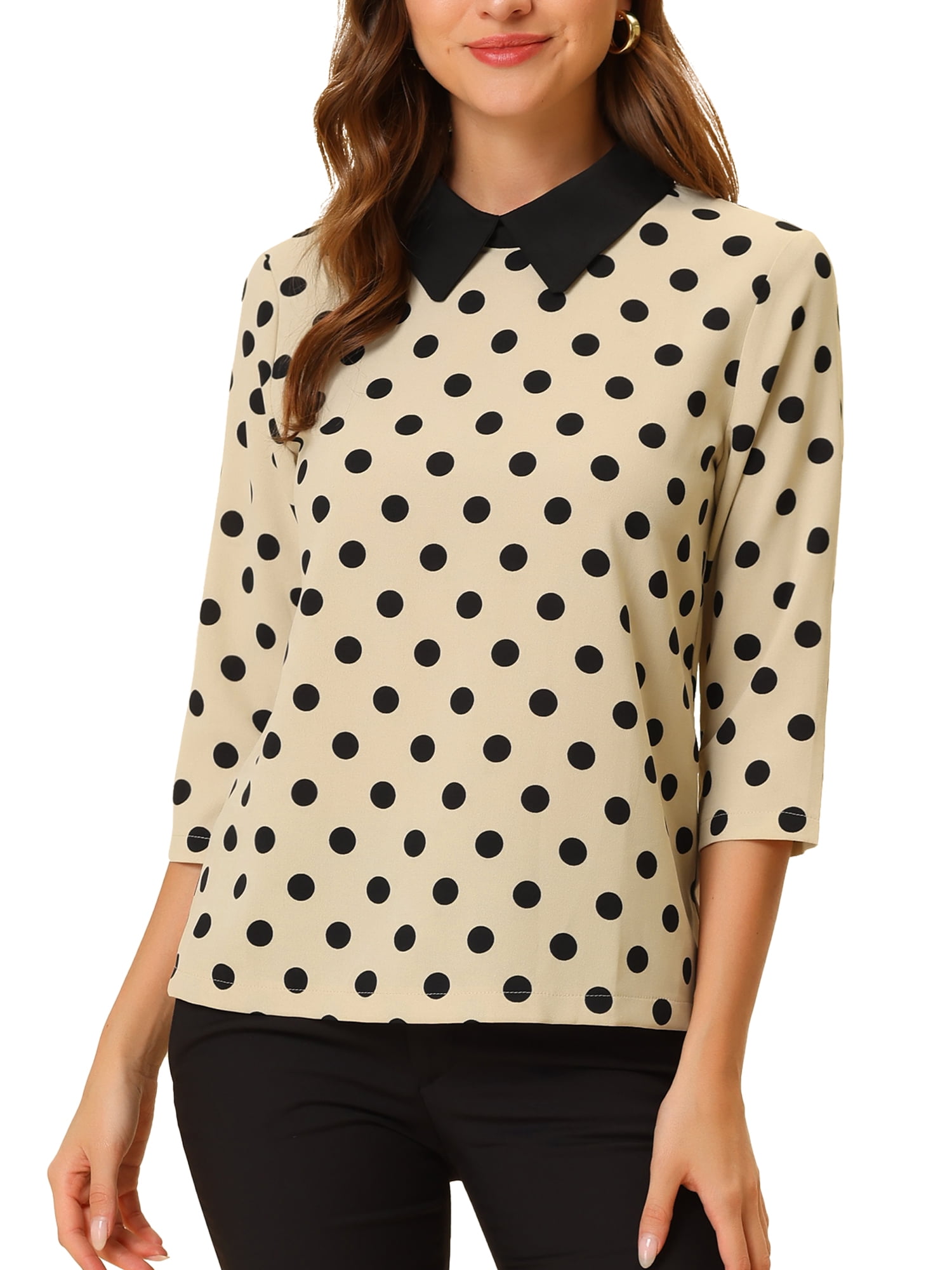 Allegra K Women's Polka Dots Contrast Peter Pan Collar Top 3/4 Sleeves  Blouse Pink X-Small