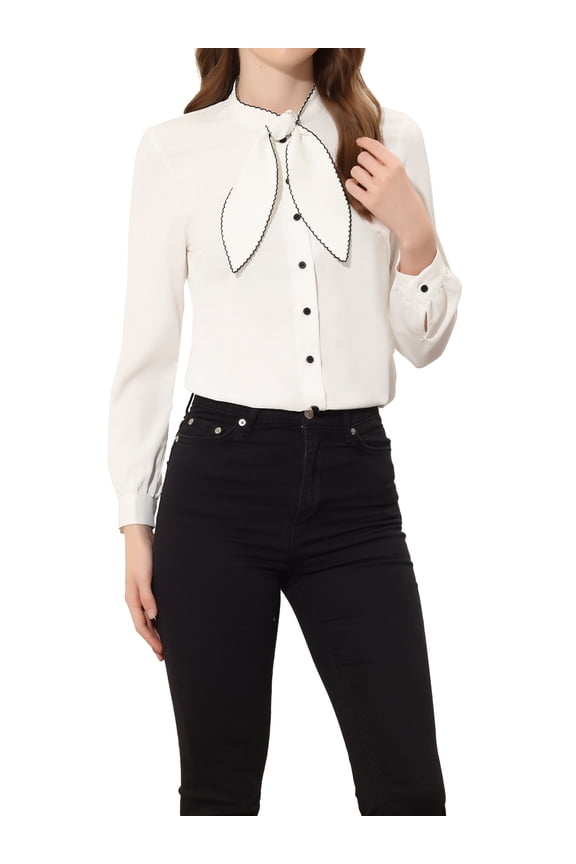 Women's Contrast Stitch Bow Tie Collar Long Sleeve Elegant Work Office Button Front Shirt White XS