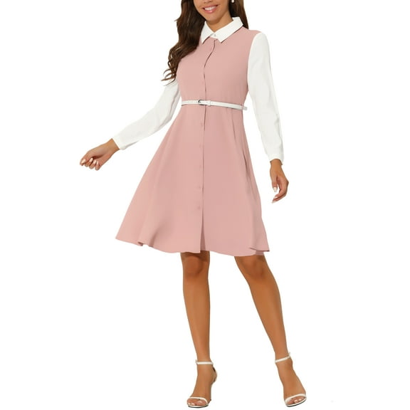 INSPIRE CHIC Women's Contrast Turn Down Collar Long Sleeve Button Belt Shirt Dress XL Pink