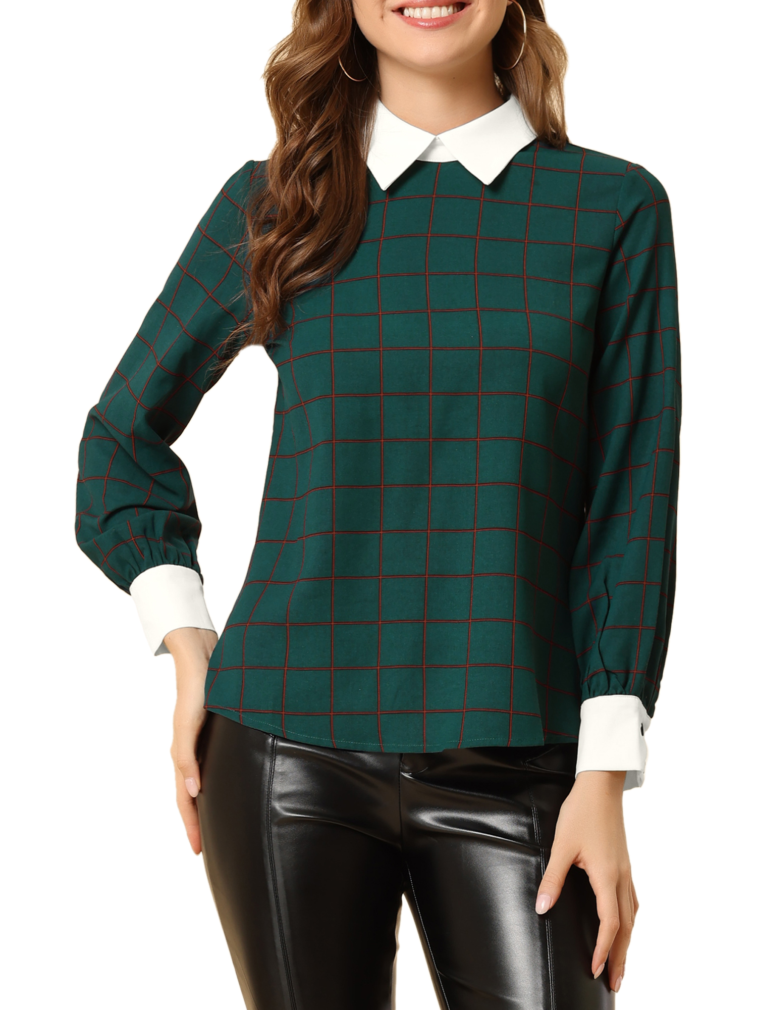 Allegra K Plaid Dress for Women's Contrast Collar 3/4 Sleeve