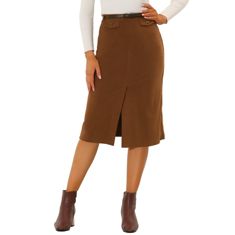 Allegra K Women s Corduroy Belted Elastic High Waist Split Vintage Midi Skirt