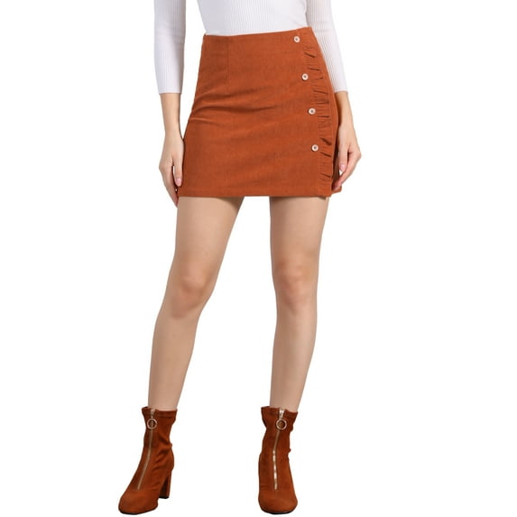 INSPIRE CHIC Women's Skirt Corduroy High Waist Button Decor A Line Mini Skirt L Orange
