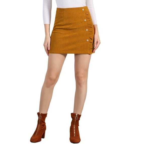 INSPIRE CHIC Women's Skirt Corduroy High Waist Button Decor A Line Mini Skirt XL Camel