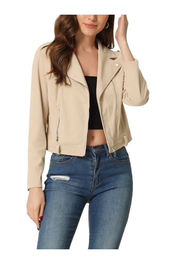 Women's Corduroy Notched Lapel Zip Up Motorcycle Jacket