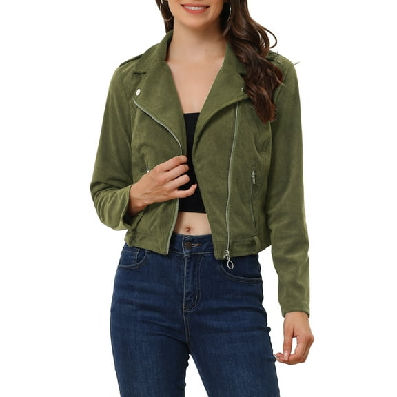 INSPIRE CHIC Women's Corduroy Notched Lapel Zip Up Motorcycle Jacket