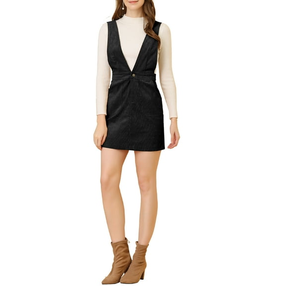 INSPIRE CHIC Women's Corduroy Overall V Neck Strap Mini Pinafore Dress with Pockets L Black