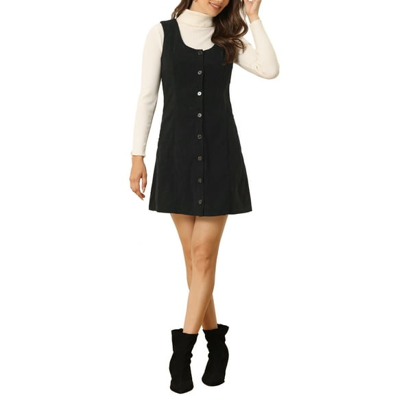 INSPIRE CHIC Women's Suspender Dress Scoop Neck Pinafore Overall Corduroy Casual Dress L Black