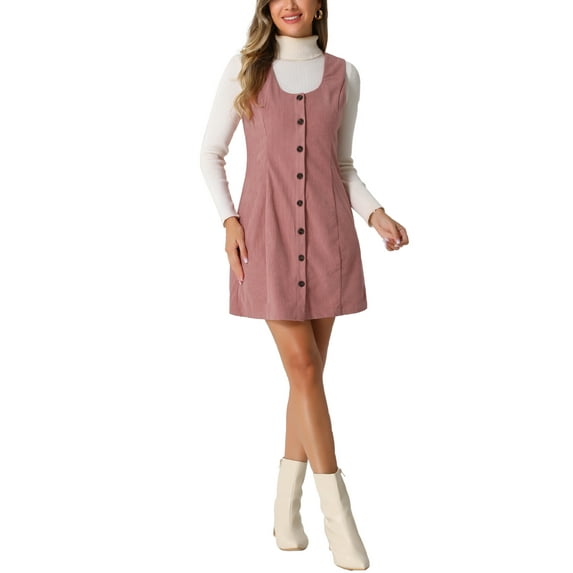 INSPIRE CHIC Women's Suspender Dress Scoop Neck Pinafore Overall Corduroy Casual Dress L Pink