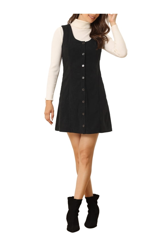 Women's Suspender Dress Scoop Neck Pinafore Overall Corduroy Casual Dress XL Black