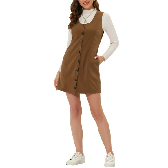 INSPIRE CHIC Women's Suspender Dress Scoop Neck Pinafore Overall Corduroy Casual Dress XS Brown