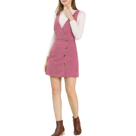 INSPIRE CHIC Women's Corduroy V Neck A-Line Mini Overall Pinafore Dress M Rose Red