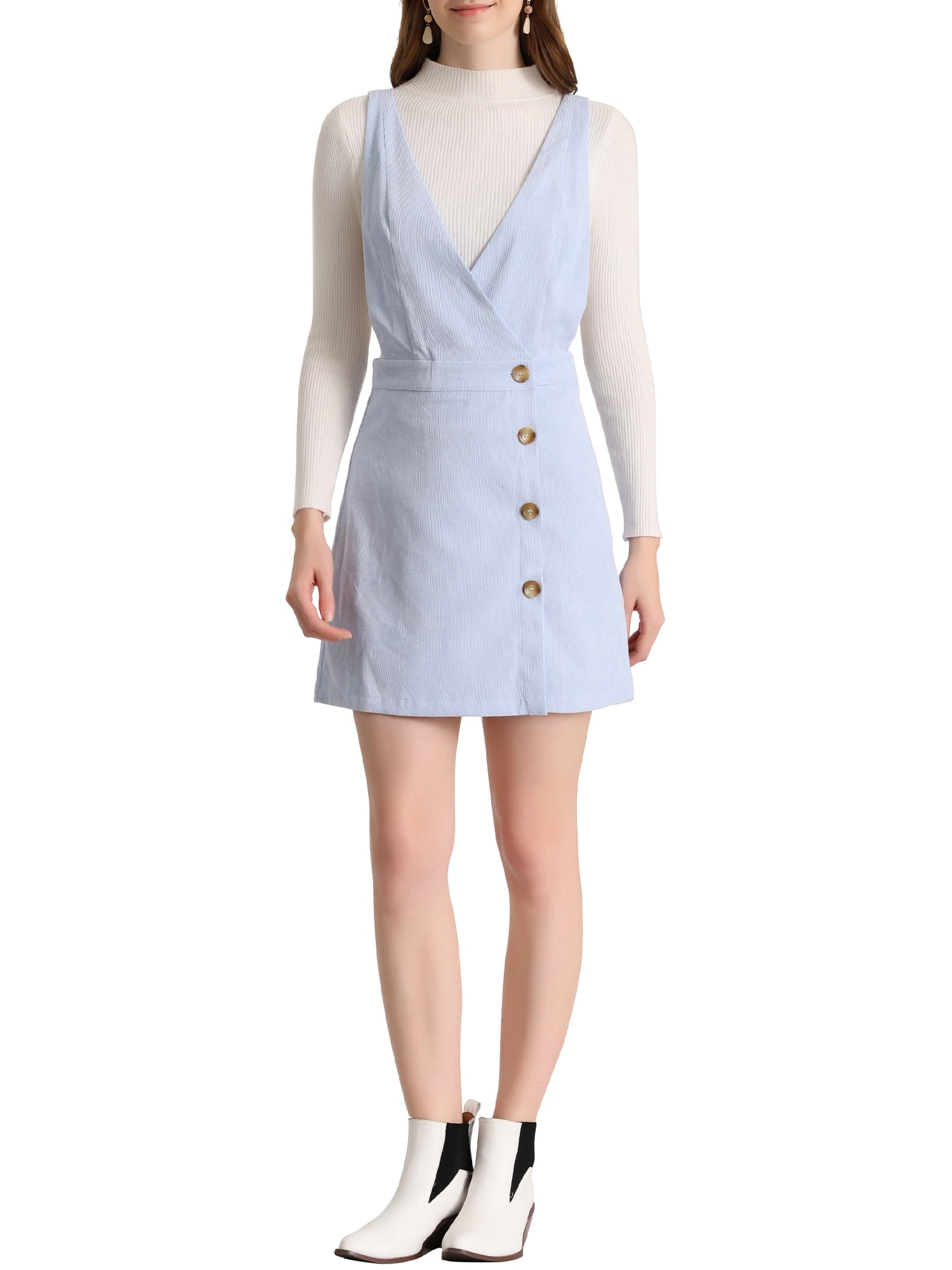 Inspire Chic Women's Corduroy V Neck A-Line Mini Overall Pinafore Dress S Light Blue