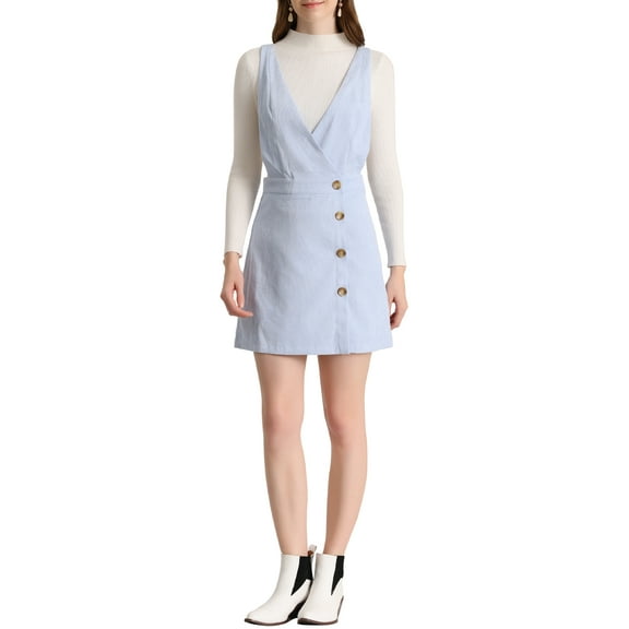 INSPIRE CHIC Women's Corduroy V Neck A-Line Mini Overall Pinafore Dress S Light Blue
