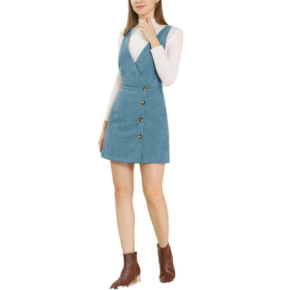 INSPIRE CHIC Women's Corduroy V Neck A-Line Mini Overall Pinafore Dress XL Dusty Blue