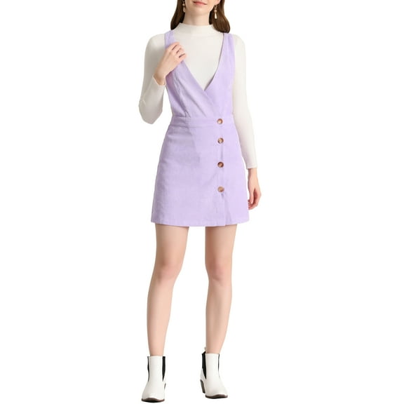 INSPIRE CHIC Women's Corduroy V Neck A-Line Mini Overall Pinafore Dress M Light Purple