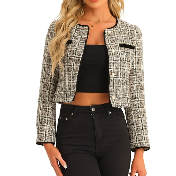 INSPIRE CHIC Women's Costume Round Neck Button Front Closure Long Sleeve Tweed Jacket L Apricot