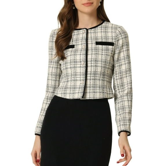 INSPIRE CHIC Women's Costume Round Neck Button Front Closure Long Sleeve Tweed Jacket L Black White
