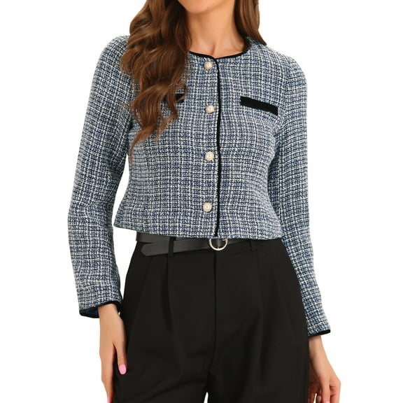 INSPIRE CHIC Women's Costume Round Neck Button Front Closure Long Sleeve Tweed Jacket L Blue White