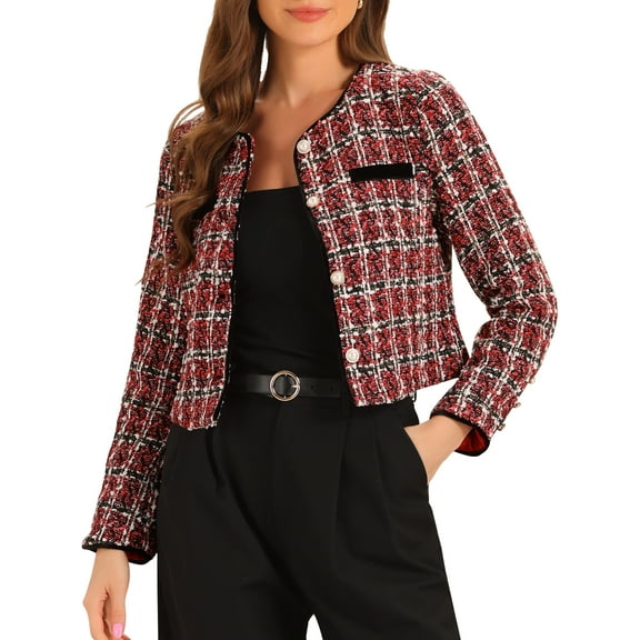 INSPIRE CHIC Women's Costume Round Neck Button Front Closure Long Sleeve Tweed Jacket M Red Black