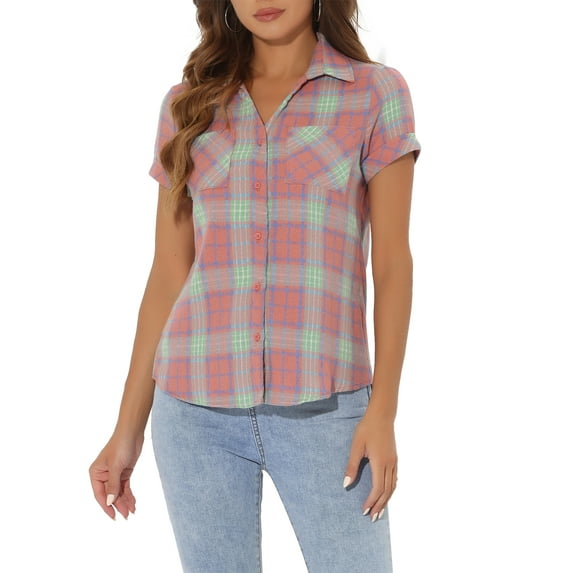 INSPIRE CHIC Women's Plaid Shirts Point Collar Button Down Blouses S Watermelon Red Green