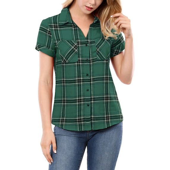INSPIRE CHIC Women's Plaid Shirts Point Collar Button Down Blouses L Green