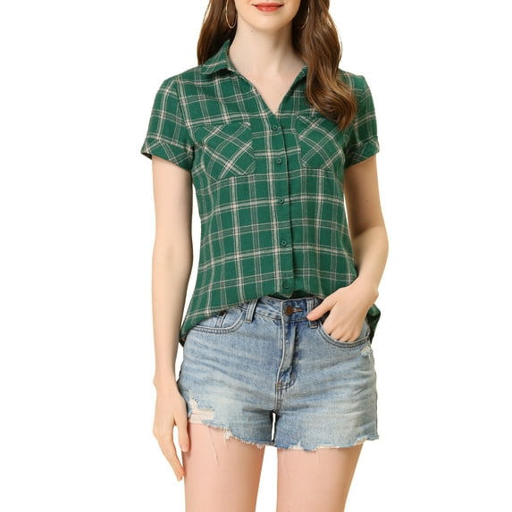 INSPIRE CHIC Women's Plaid Shirts Point Collar Button Down Blouses S Green Beige