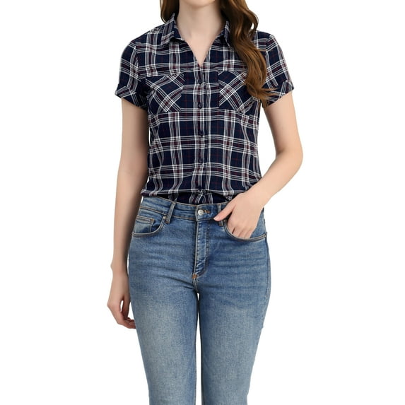 INSPIRE CHIC Women's Plaid Shirts Point Collar Button Down Blouses XL Dark Blue