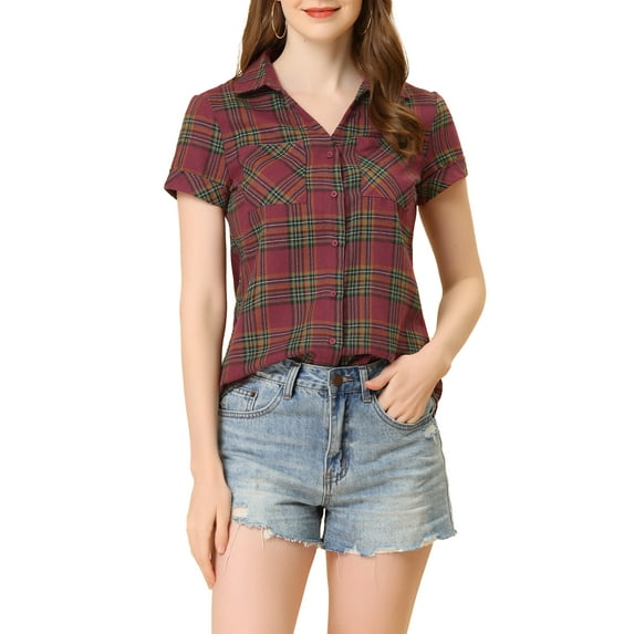 INSPIRE CHIC Women's Plaid Shirts Point Collar Button Down Blouses S Red Green