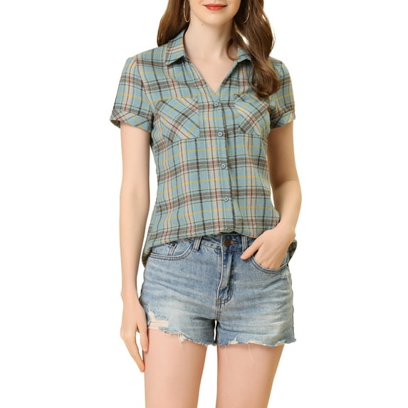 INSPIRE CHIC Women's Plaid Shirts Point Collar Button Down Blouses L Grey Blue