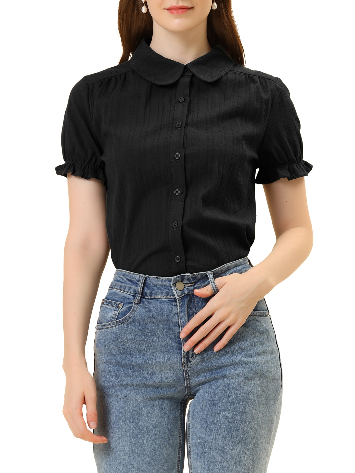 Allegra K Juniors Cotton Frilled Top Turndown Collar Solid Blouse - Walmart .com