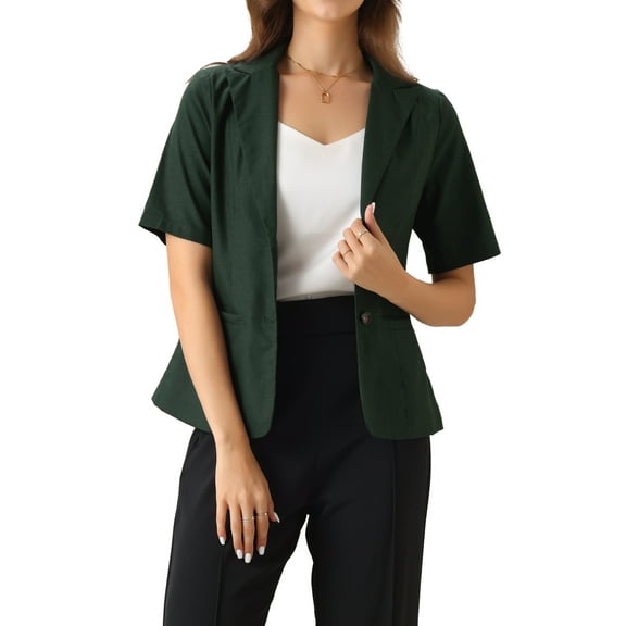 INSPIRE CHIC Women's Blazer Button Lapel Collar Short Sleeves Spring Summer Wear-to-Work Blazer M Dark Green