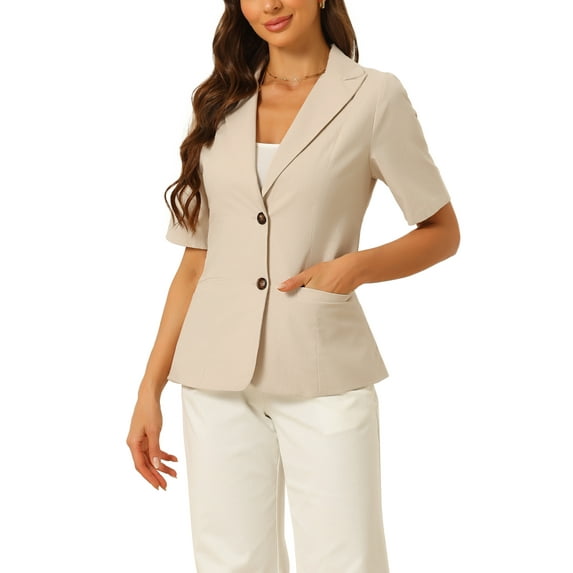 INSPIRE CHIC Women's Blazer Button Lapel Collar Short Sleeves Spring Summer Wear-to-Work Blazer M Khaki